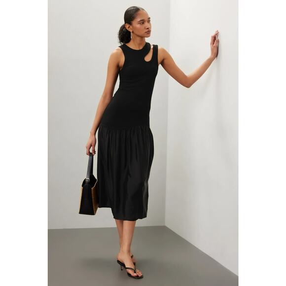 Sandro Olane Black Tank Dress Cutout Shoulder Midi Sleeveless Sz 38 EU / US 6 - Picture 1 of 14